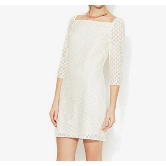 TRINA TURK Lace Dress Size 2 Ivory Mini 3/4 Sleeve Lined Square Neck Bride EUC - Picture 1 of 6